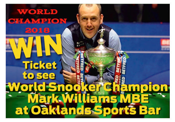 Win a ticket to see World Snooker Champion Mark Williams MBE at Oaklands Sports Bar, Cinderford on Saturday July 7th. Closing date extended.