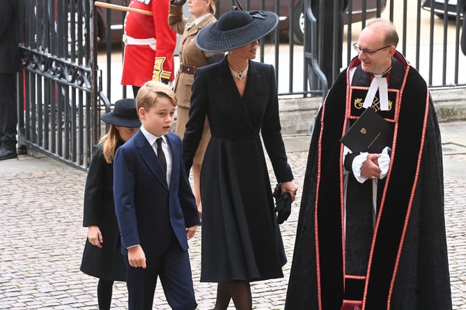 The Princess of Wales with Princess Charlotte and Prince George arrives for the State Funeral of Queen Elizabeth II, held at Westminster Abbey, London. Picture date: Monday September 19, 2022.