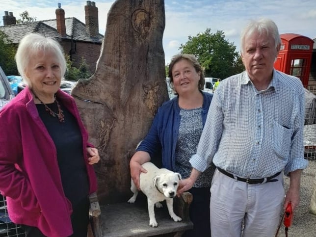 Gloucestershire County Councillor for Newent Gill Mosely, Clare Stone (Buses4Us chair) Tim Rosser (buses4Us secretary), and Morgan the dog.