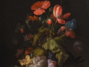 Elias van den Broeck’s ‘A poppy, tulip, chrysanthemum, morning glory, roses and other flowers in a vase, on a stone ledge’.