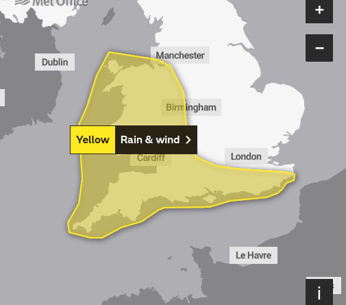 Yellow weather warning for Wales and parts of England, Met Office