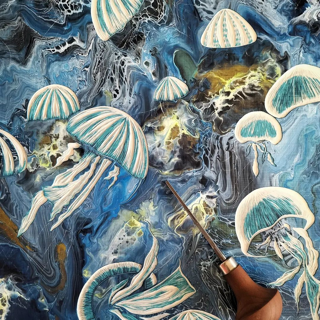 Intricate carvings of jellyfish have been created by acrylic carving