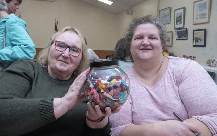 Rose Dale and Charlotte Wiood of Mitcheldean WI invited people to guess how many sweets were in the jar at Mitcheldean fete.