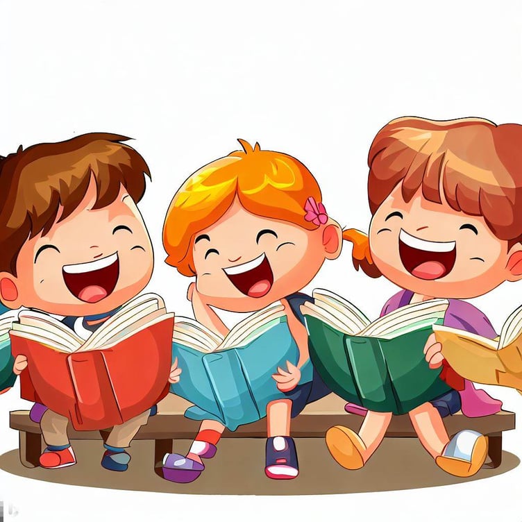 Children smiling whilst reading
