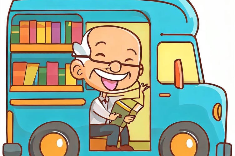 Happy elderly man enjoying a book in a mobile library