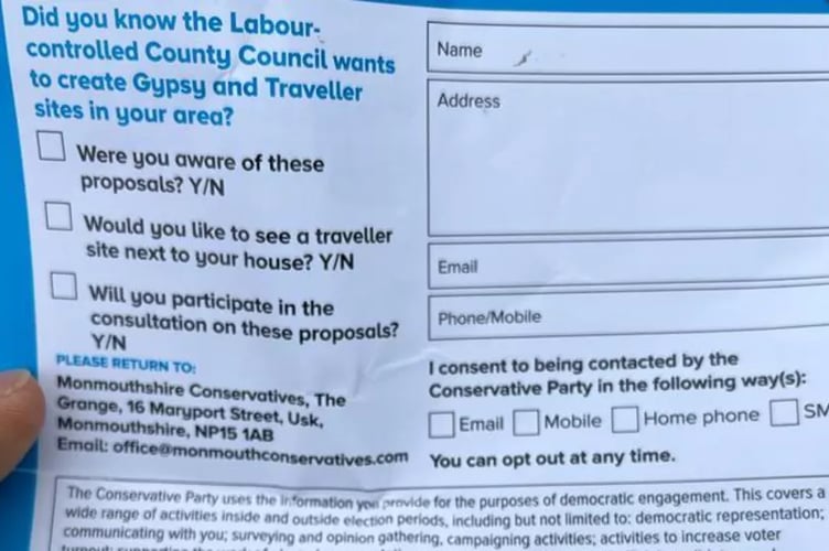 The consultation leaflet put out by Monmouth MP David Davies over gypsy and traveller sites