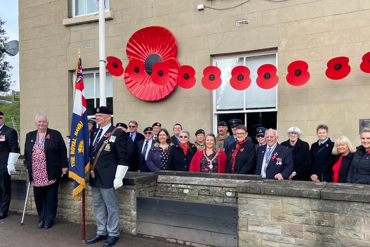 Lydney RBL Chair Lynn Dazsko (left) with members and dignitaries including Lydney Mayor Natasha Saunders and Royal British Legion Trustee Anny Reid (centre)