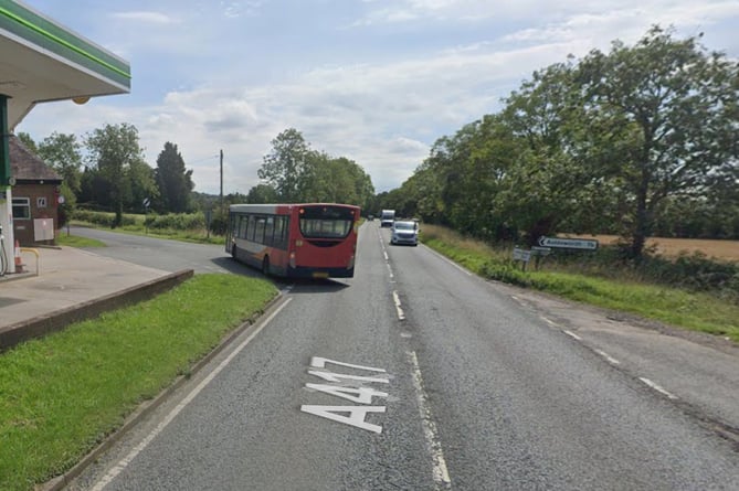 The A417 near the Cross Hands Garage at Corse