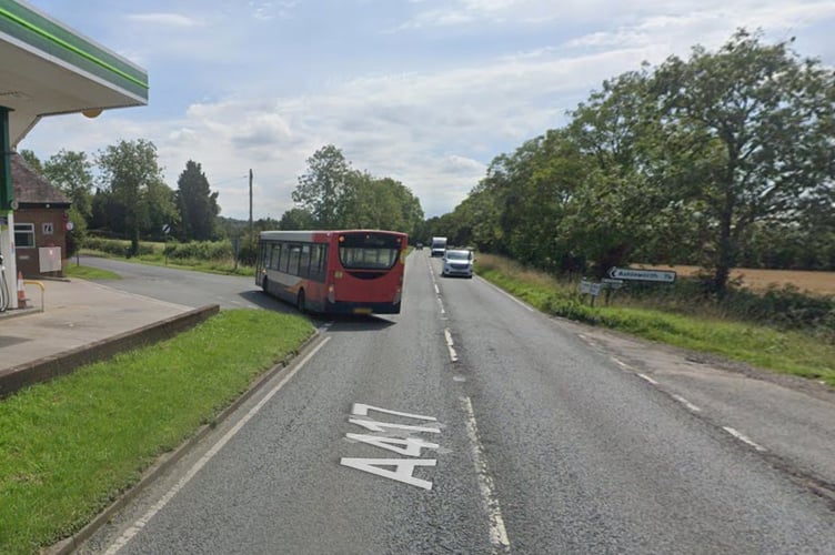 The A417 near the Cross Hands Garage at Corse