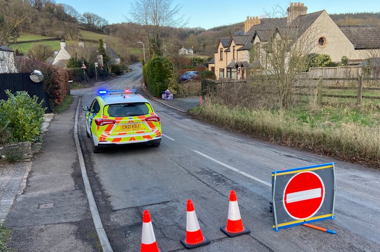 Police closed the A466 from Monmouth through the Buckholt after two rerouted HGVs got stuck