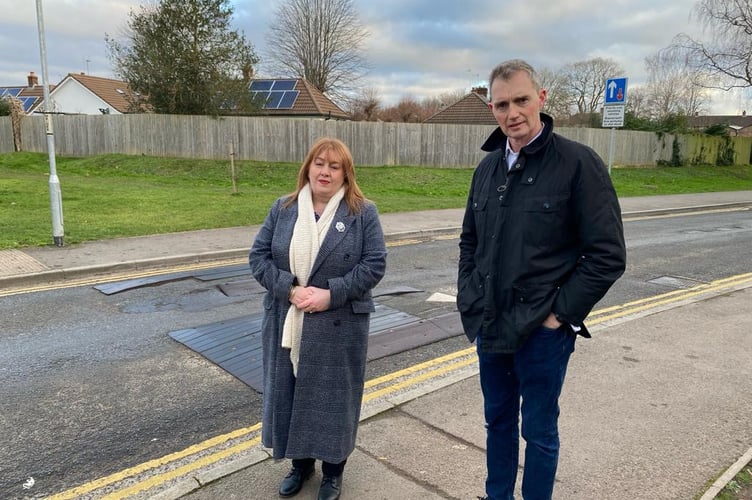 Cllr Mandi Rugen-Hankey and David Davies MP on Watery Lane in Monmouth.