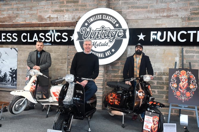 James Turner, Nick Collier-Webb and Sunj Singh with customised scooters
