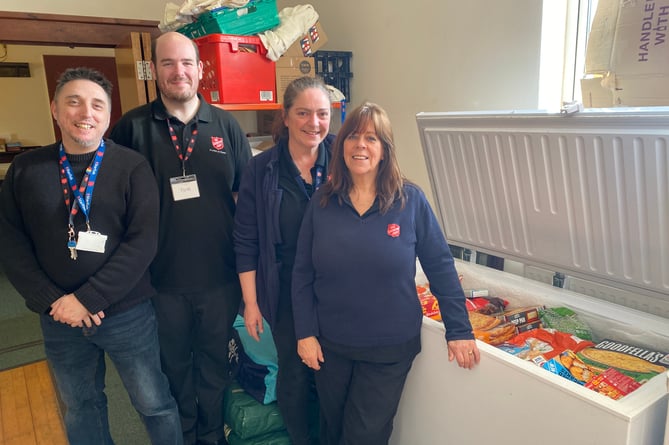 Schools mentor James Annis, Foodbank liaison Thomas Maggs, community support leader Lizzie Cox and Major Viv Prescott at the Salvation Army in Broadwell