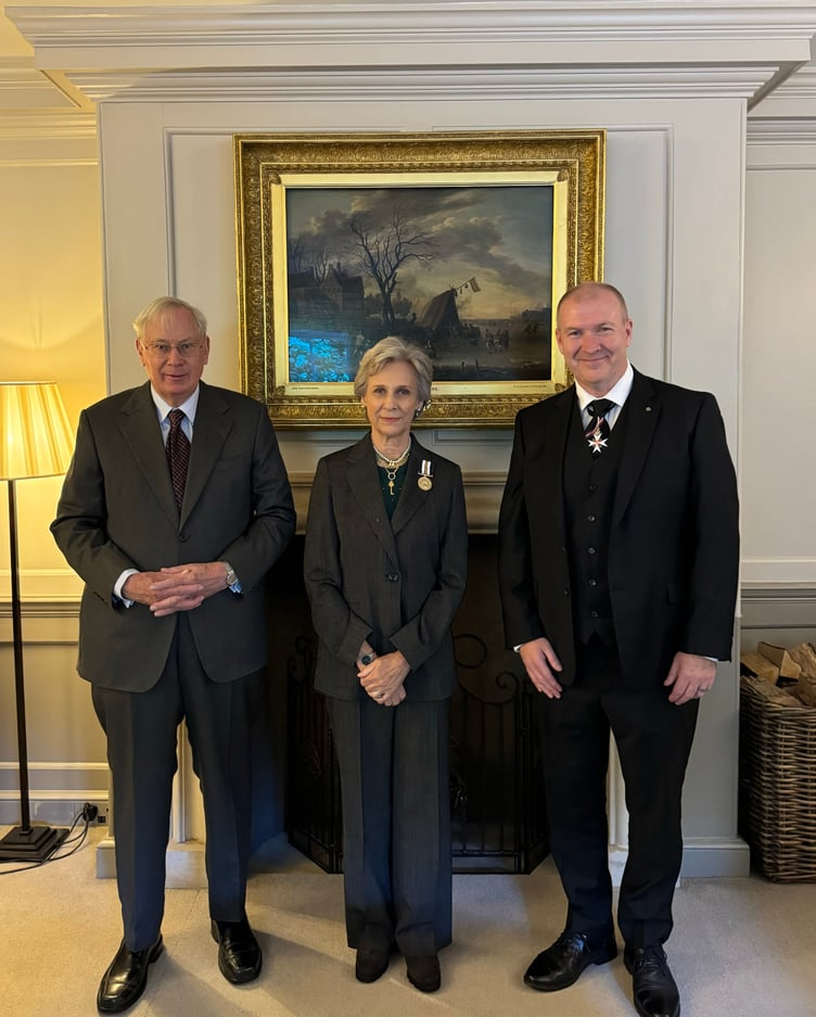 Their Royal Highnesses The Duke and Duchess of Gloucester are pictured with Paul Griffiths OBE KStJ JP DL, the Prior for Wales.