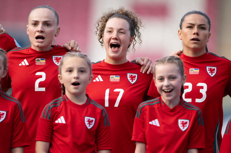 LLANELLI, WALES - 31 MAY 2024: Wales' Lily Woodham, Wales' Mary McAteer and Wales' Ffion Morgan during the UEFA Womens Euro 2025 qualifier League B match between Wales Women and Ukraine Women at Parc y Scarlets in Llanelli on the 31st of May 2024. (Pic by Ashley Crowden/FAW)