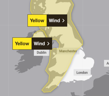 The warning will come into force from 6am on Sunday, February 23, anticipating winds of up to 70mph in some areas