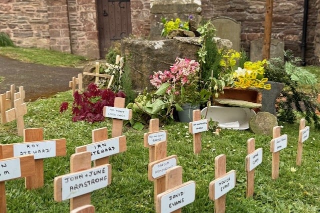 Remembrance crosses outside the church.