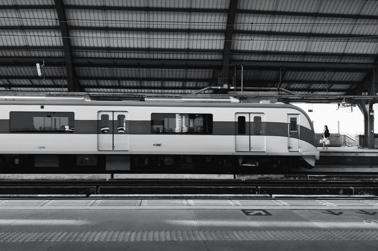 Black and white train at station