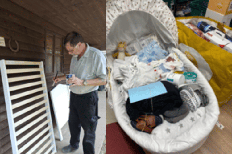 Pete Lamacraft busy with checks and repairs on a cot bed and a baby bundle ready for a little boy