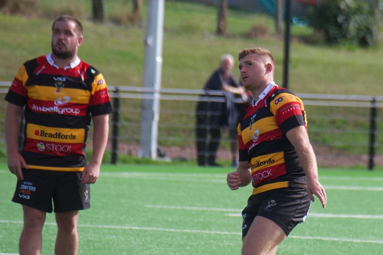 Luke McMahon's last-minute drop goal sealed the win for Cinderford. To his left is try scorer Nathan Taylor. Library picture.