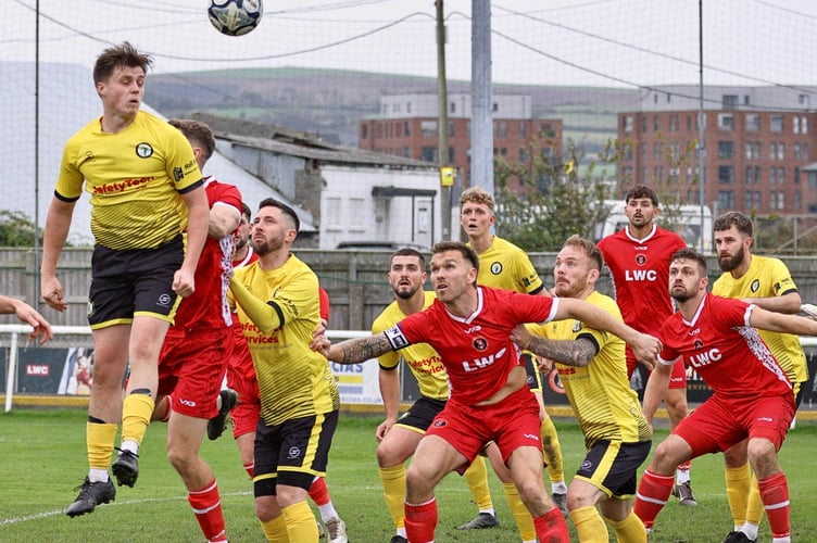 Newent had their chances but lost 5-0 at Barnstaple Town in the FA Vase. Photo: Steve Screech/ Barnstaple FC