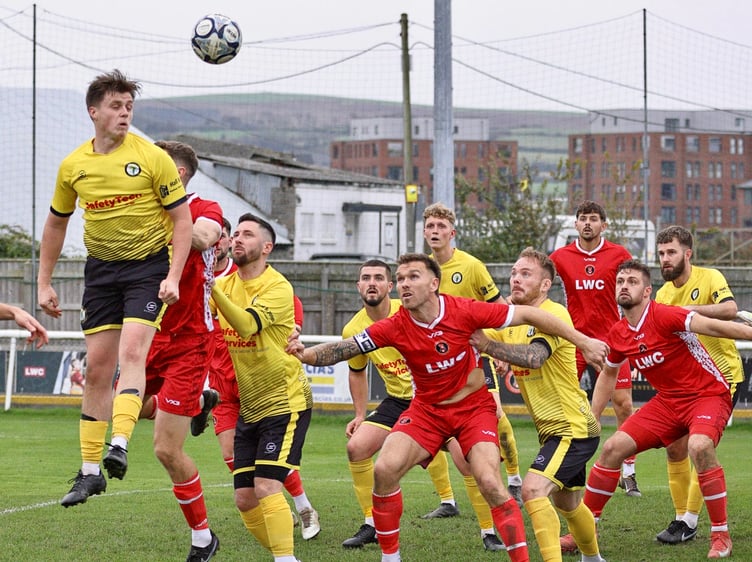 Newent had their chances but lost 5-0 at Barnstaple Town in the FA Vase. Photo: Steve Screech/ Barnstaple FC