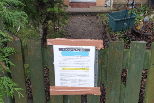 A closure order notice displayed at a property in Ruardean following reports of anti-social behaviour.