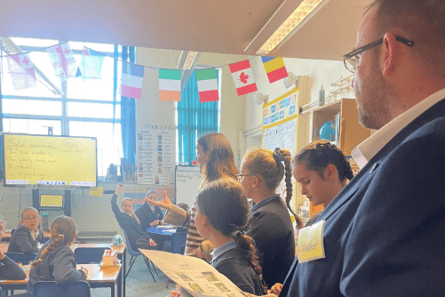 Matt Bishop MP taking part in a class session at Yorkley Primary School.
