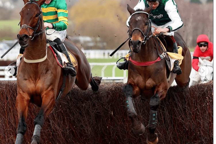 L'Homme Presse ridden by Charlie Deutsch, right, contests the lead at the last. Photo: Neil Duggan