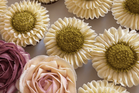Hand-decorated cupcakes crafted to look like flowers.