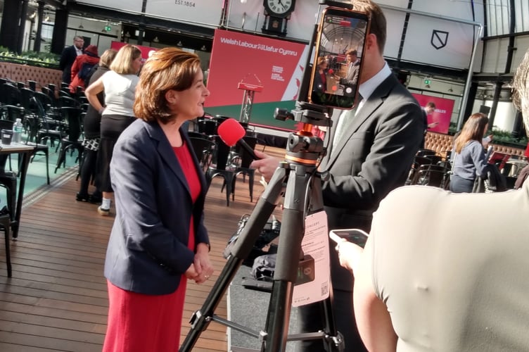 First minister Eluned Morgan being interviewed after launching Welsh Labour's Senedd election campaign at Newport Market.