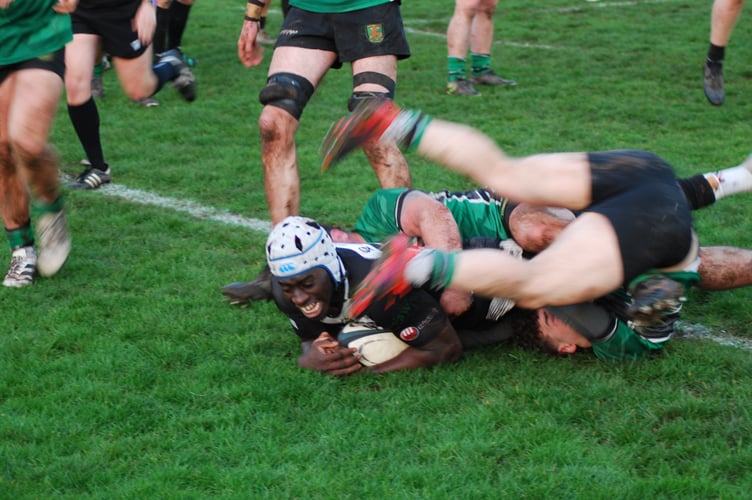 Tyerees Douglas  touches down for Lydney. Picture: Roger Pike.