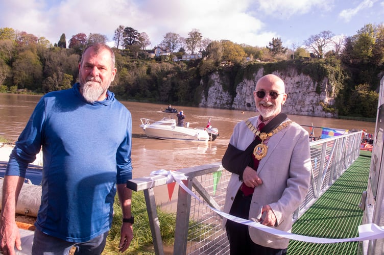 Chepstow Boat Club chairman Greg Punshon and MAyor of Chepstow Cllr Jim McTaggart open the new pontoon.