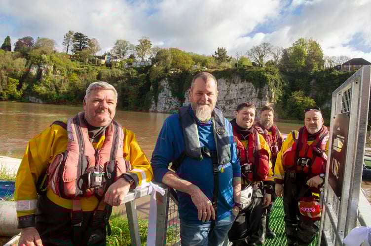 SARA coxswain Dave Deveney and crew members Jordan Andrews, Harry Saunders and Barry Welsh with Chepstow Boat Club chairman Greg Punshon.