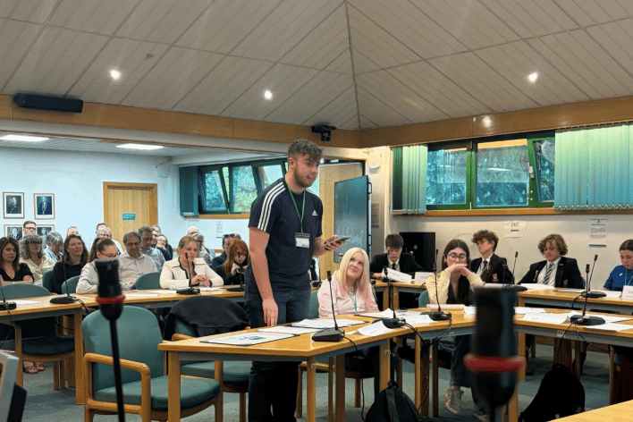Students from across the Forest of Dean take part in the Mock Parliament 2026 event inside the council chamber.