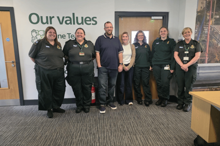 Matt Bishop with staff at the South Western Ambulance Service emergency ambulance call centre in Bristol during his behind-the-scenes visit to learn more about the pressures faced by emergency call handlers.