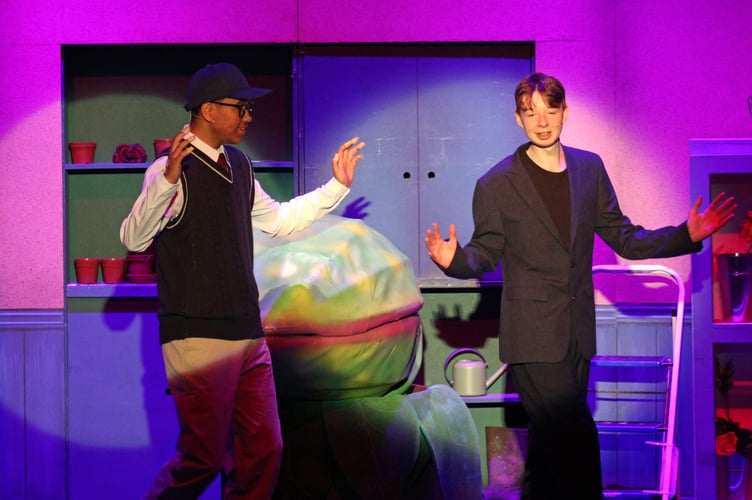 Seymour (Evan Dzangare) with Mr Mushnik (Finley Lavender).