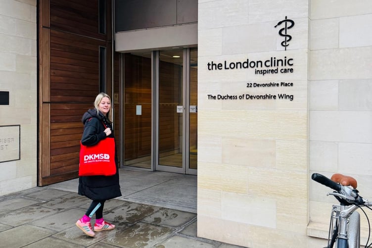 Vicki Pratt outside the London clinic where she donated stem cells after being matched with a patient undergoing blood cancer treatment.