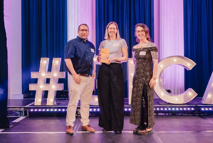 Kate Thoday and Merri Fisk collect the Sporting Venue of the Year award on behalf of the Forest of Dean Cycle Centre at Pittville Pump Room in Cheltenham.