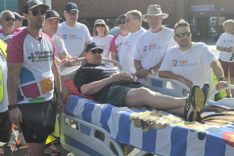 Forest of Dean Freemasons begin their 15-mile charity bed push from Gloucestershire Royal Hospital in support of Gloucester Maternity Bereavement Support and Cure Parkinson’s.