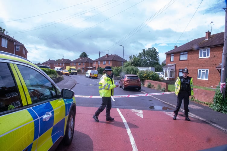 Police at the cordon in Green Lane, Caldicot near its junction with Fernleigh Road.