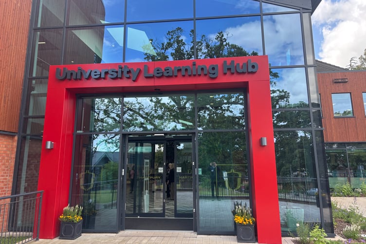 The entrance to Hartpury University's new University Learning Hub, which brings together study spaces, student support services, classrooms and the university library.