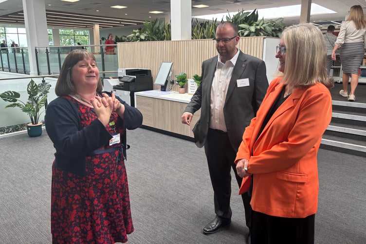Library Manager Emma Stevens introduces Baroness Jacqui Smith and Matt Bishop to the facilities and resources available within the university library.