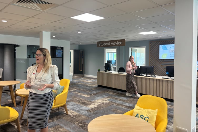 Dr Lucy Dumbell leads a tour of the Student Advice Centre, highlighting the support services available to Hartpury students.