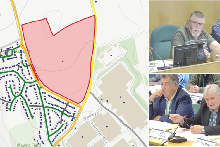 A map of the proposed site and (above left) Cllr Dave Wheeler and Cllr John Francis.