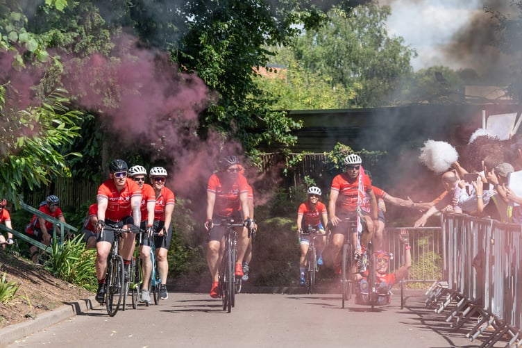 The riders approach the finish line at Hartpury.