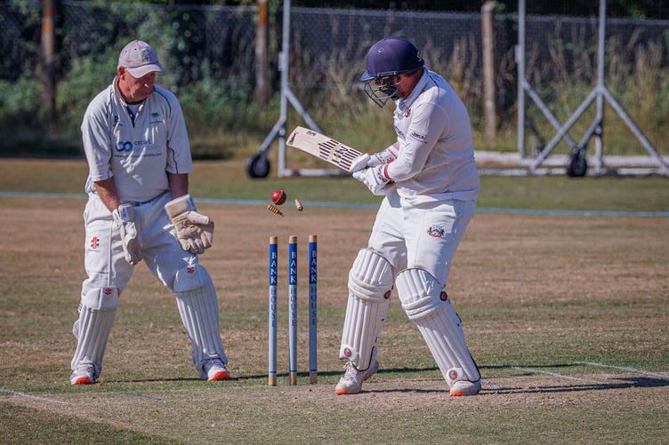 Huntley’s Richard Bowman is bowled for 58 at Parkend. Picture by Alan Castle.