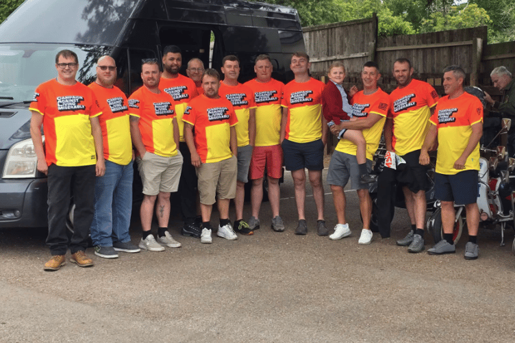 The Slow Ride for Strong Minds team gather in Longhope before setting off on their 500-mile charity moped challenge in aid of mental health charity CALM.