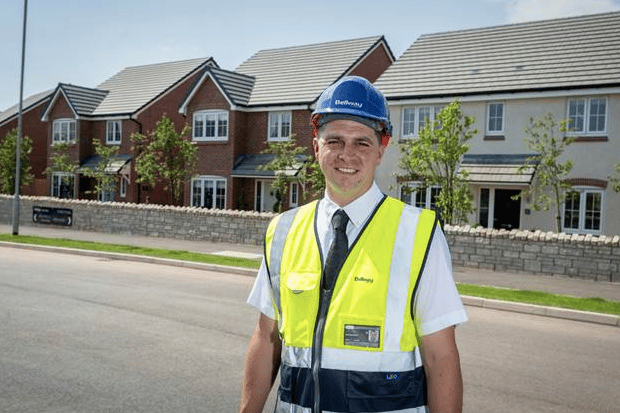 David Buckingham celebrates after winning his first NHBC Pride in the Job Quality Award at Bellway's Forest Walk development in Lydney. (Photo: Bellway)