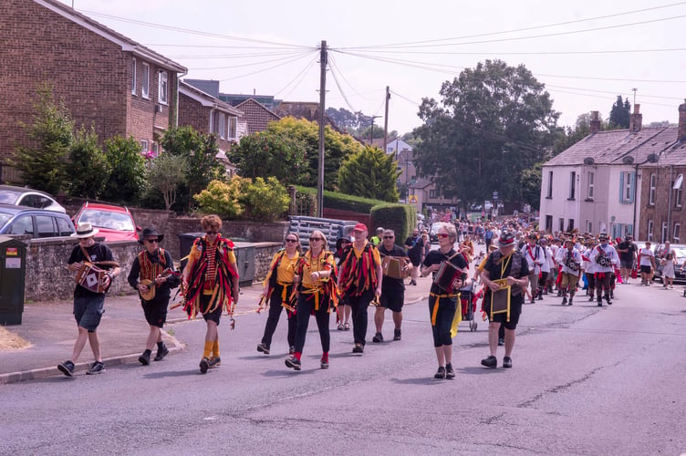 Black Adder Morris make their way through the centre of Mitcheldean in the carnival parade.